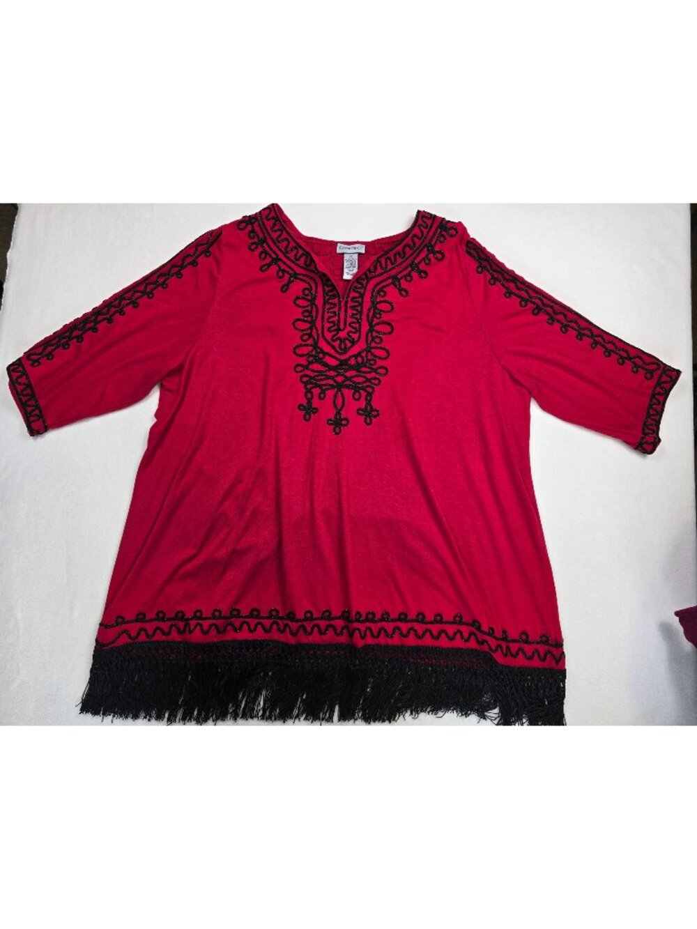 Catherines Red Tunic Top Black Embroidery Fringe Hemline 2X Womens Holiday Party